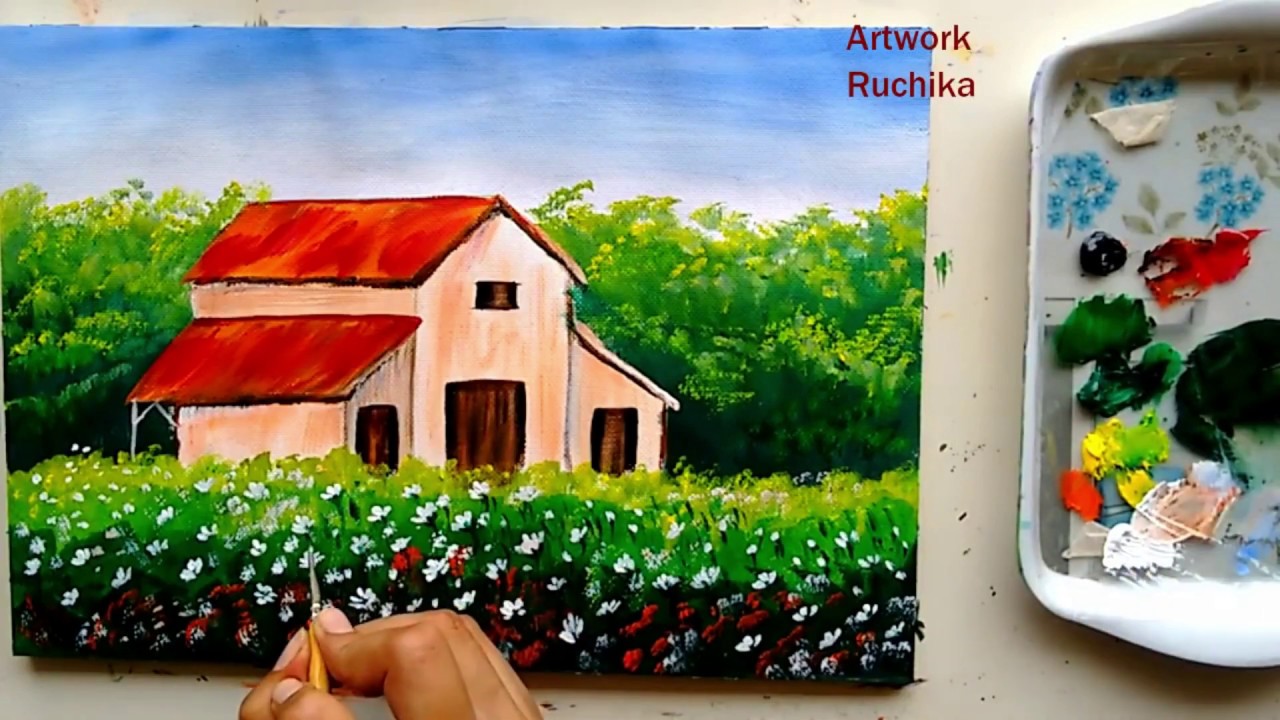 Garden House Scenery Painting |  Acrylic Painting Tutorial for Beginners | Flower Garden