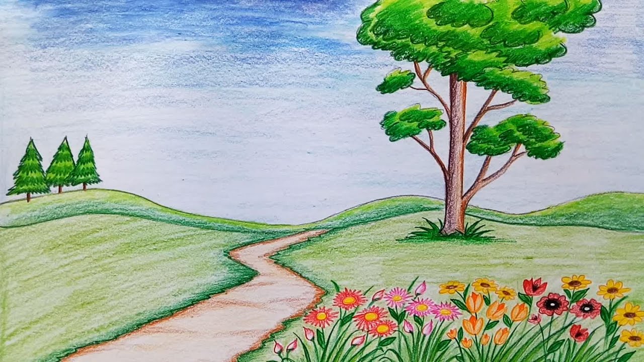 How to draw  scenery of flower garden step by step (very easy)