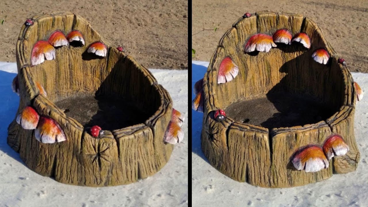 Garden design. How to make real concrete tree stump. diy fairy concrete tree stump.